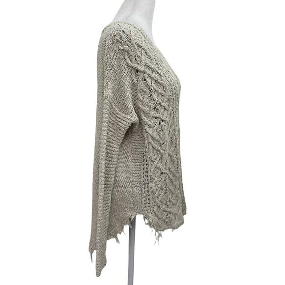 Free People Cable-Knit Raw Hem Distressed V-Neck Sweater Ivory size Small - Picture 4 of 6